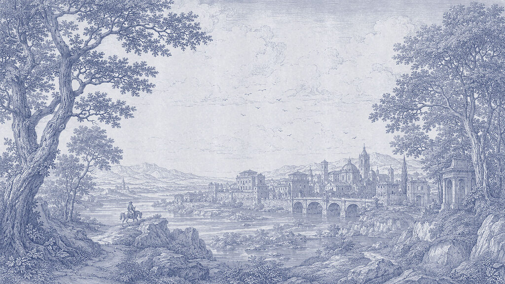 Drawing of a city and a river