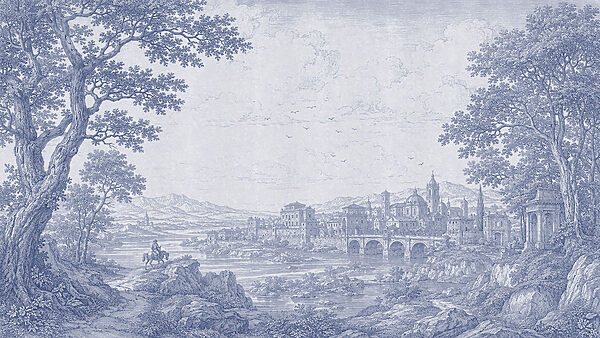 Drawing of a city and a river