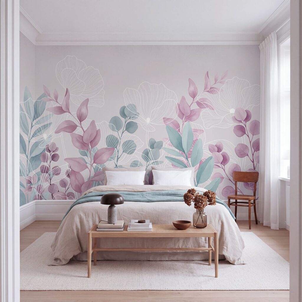 Klidná botanická ilustrace v pastelových barvách