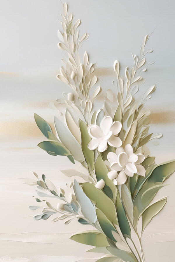 White flowers and leaves on a white surface White flowers and leaves on a white surface
