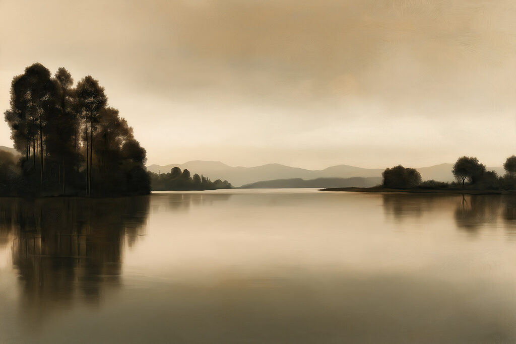 Lake with trees and mountains in the background Lake with trees and mountains in the background