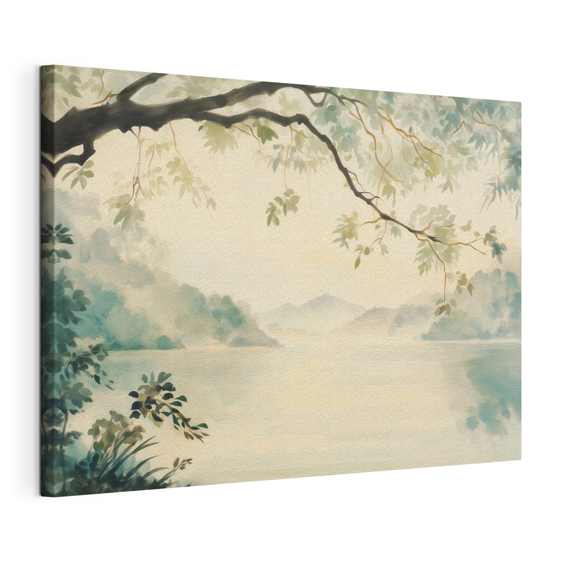 Watercolor painting of a lake and trees