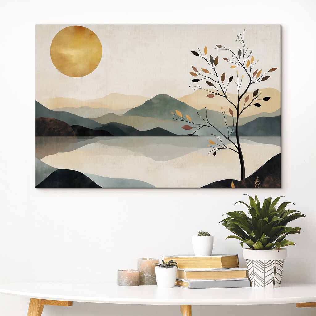 Tree and a lake with mountains and sun