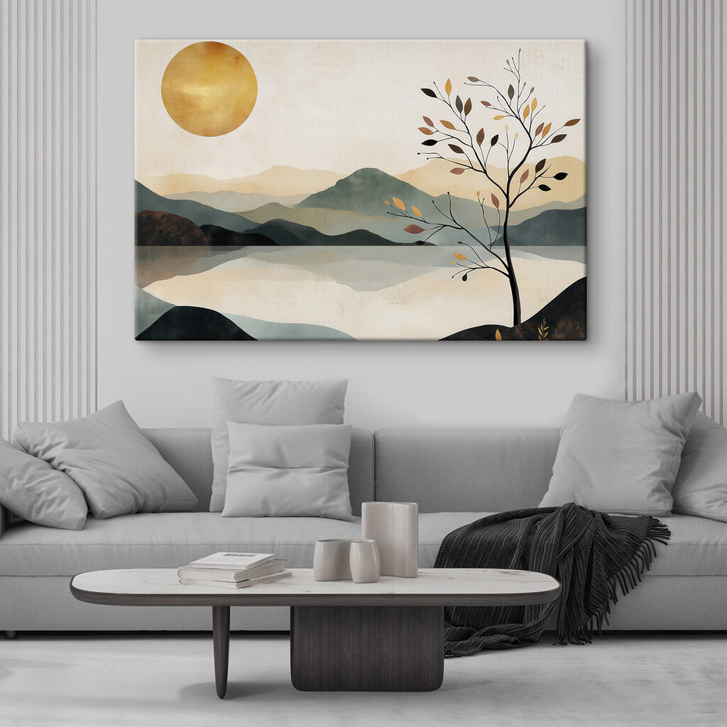 Tree and a lake with mountains and sun