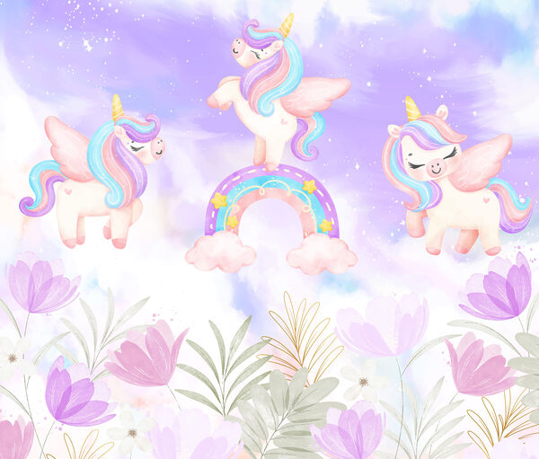Group of unicorns standing on rainbows and flowers