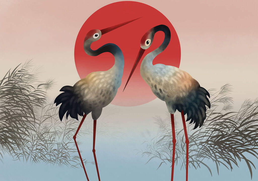 Two birds standing in front of a red sun