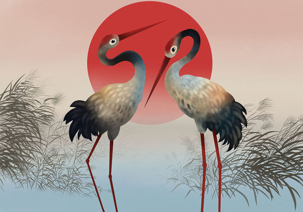 Two birds standing in front of a red sun