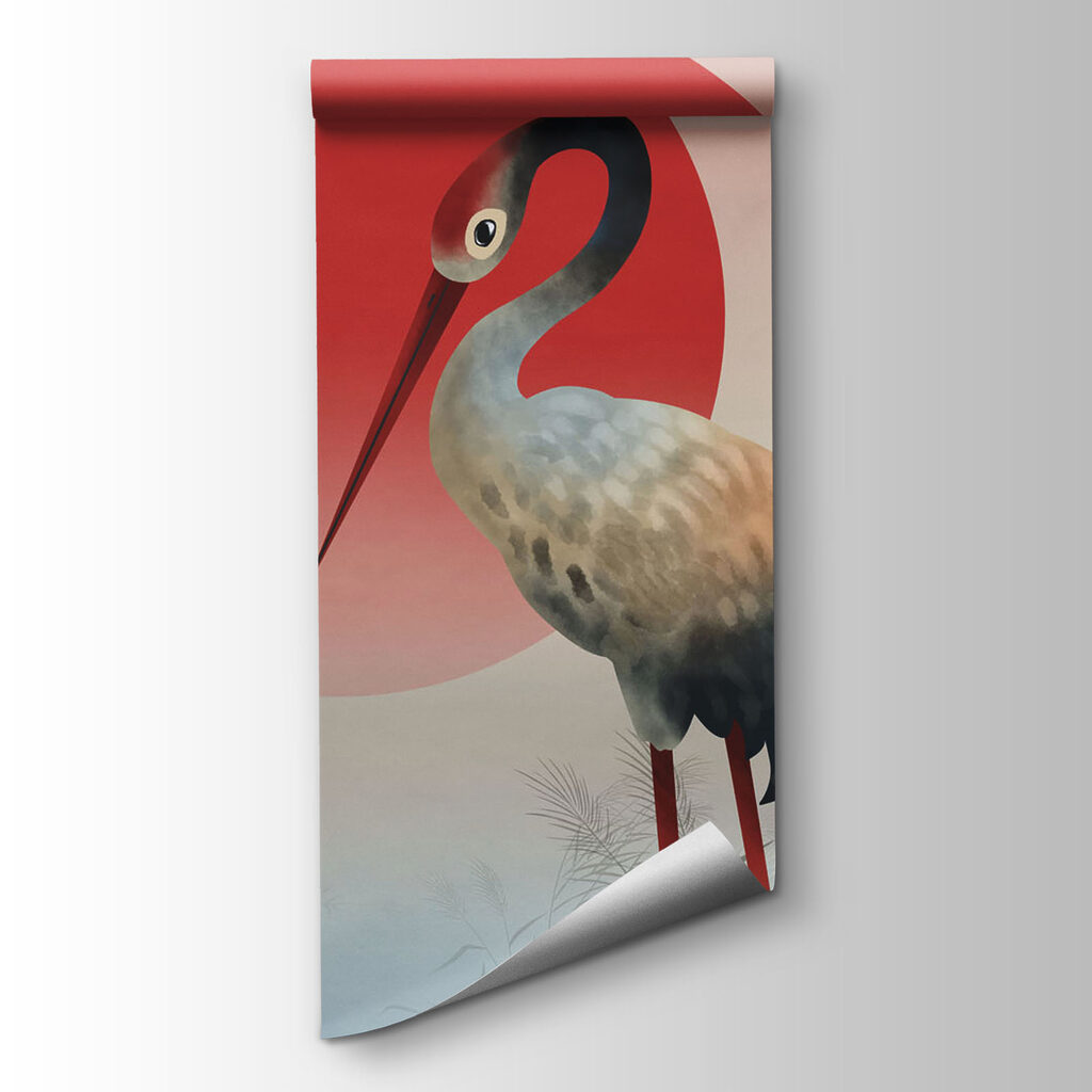 Two birds standing in front of a red sun